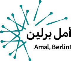 Logo for refugee news website Amal, Berlin! with Arabic writing.